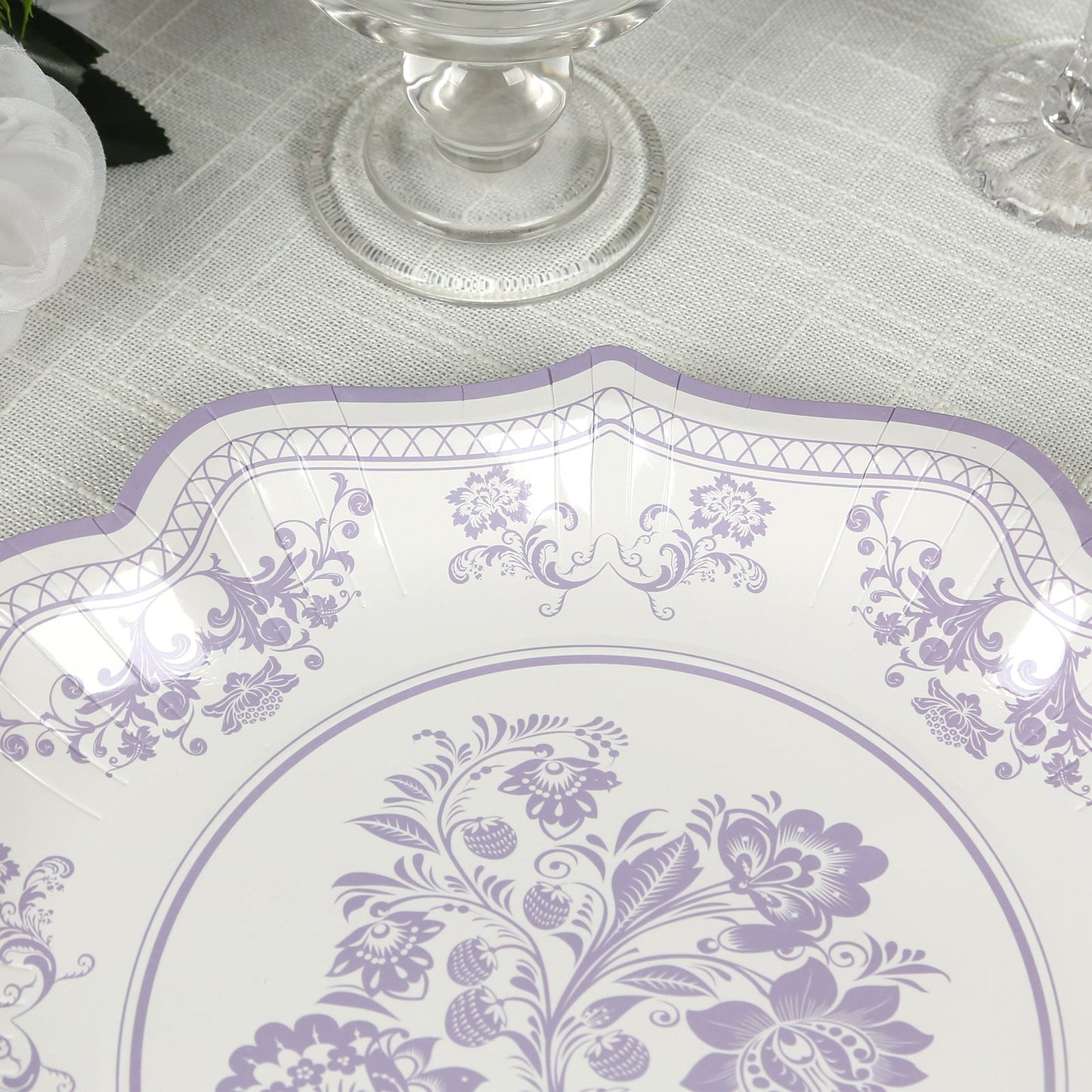 25-Pack Paper Dessert Plates in White with Lavender Lilac Damask Floral Print & Scallop Rim - Stylish Disposable 300GSM Floral Salad Appetizer Plates 8"