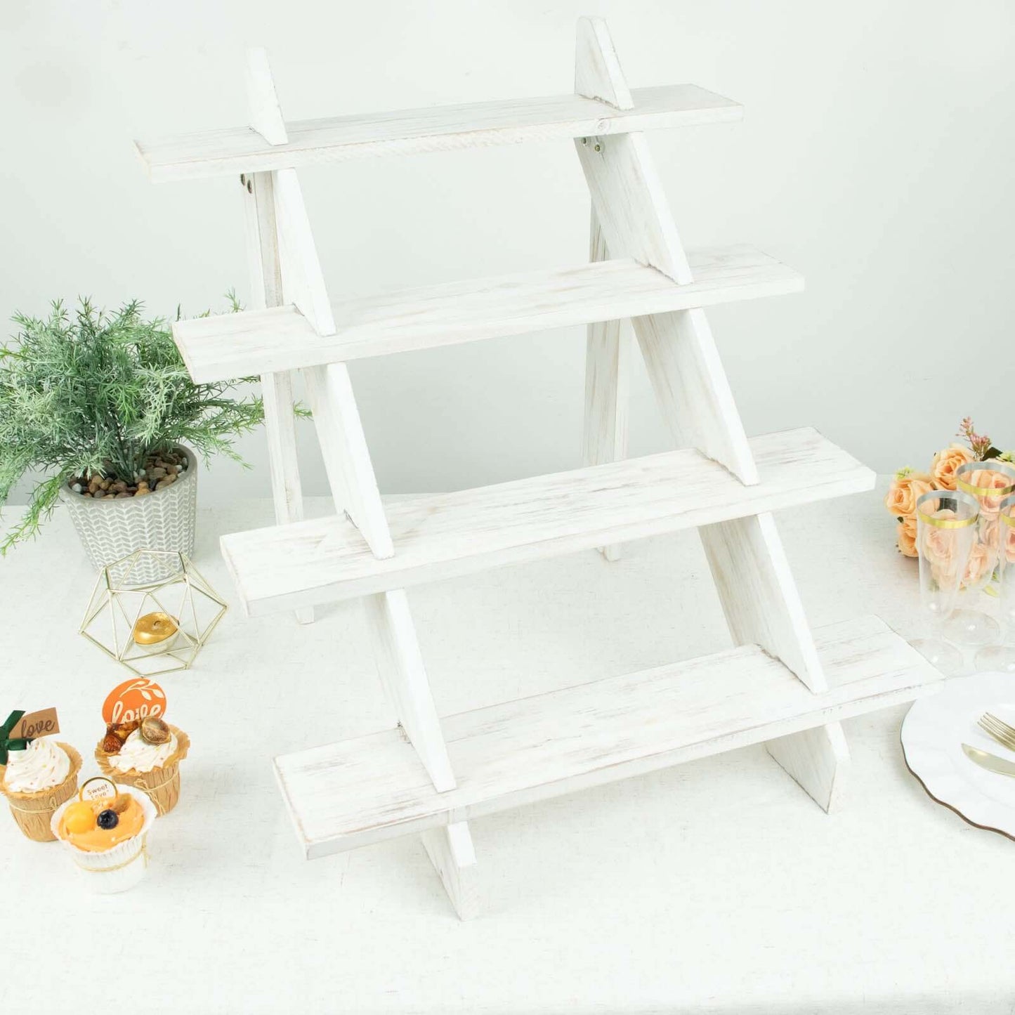4-Tier Wooden Ladder Shelf Whitewashed Rustic Design - Cascading Stair Step Dessert Display Cupcake Holder 21"