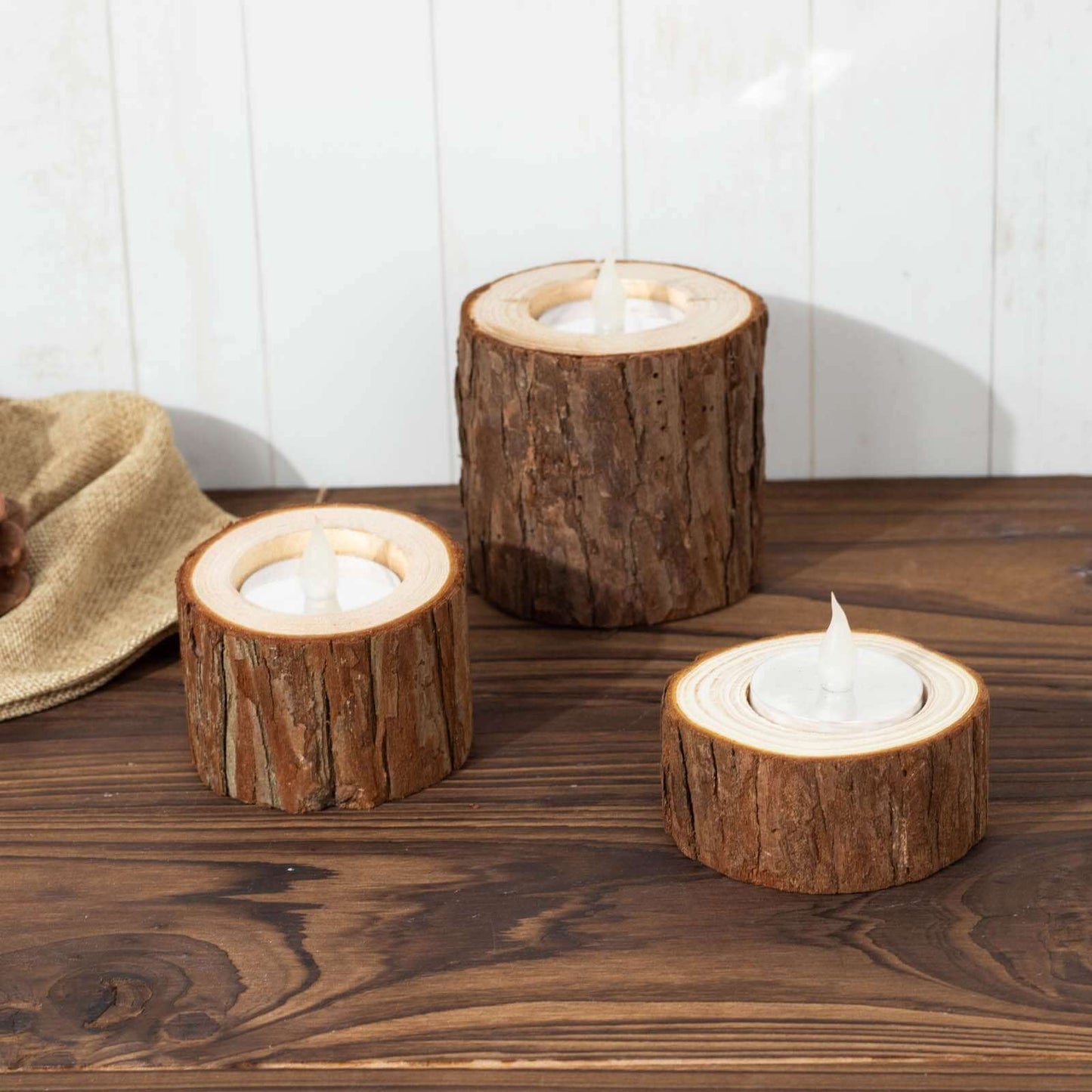 Set of 3 Rustic Wood Slice Votive Candle Holders - Tree Branch Wedding Table DÃ©cor 2.75", 1.5", 1.25"