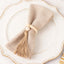 4 Pack Cream Wooden Napkin Rings with Woven Jute Beaded Tassel, Rustic Boho Chic Serviette Buckles