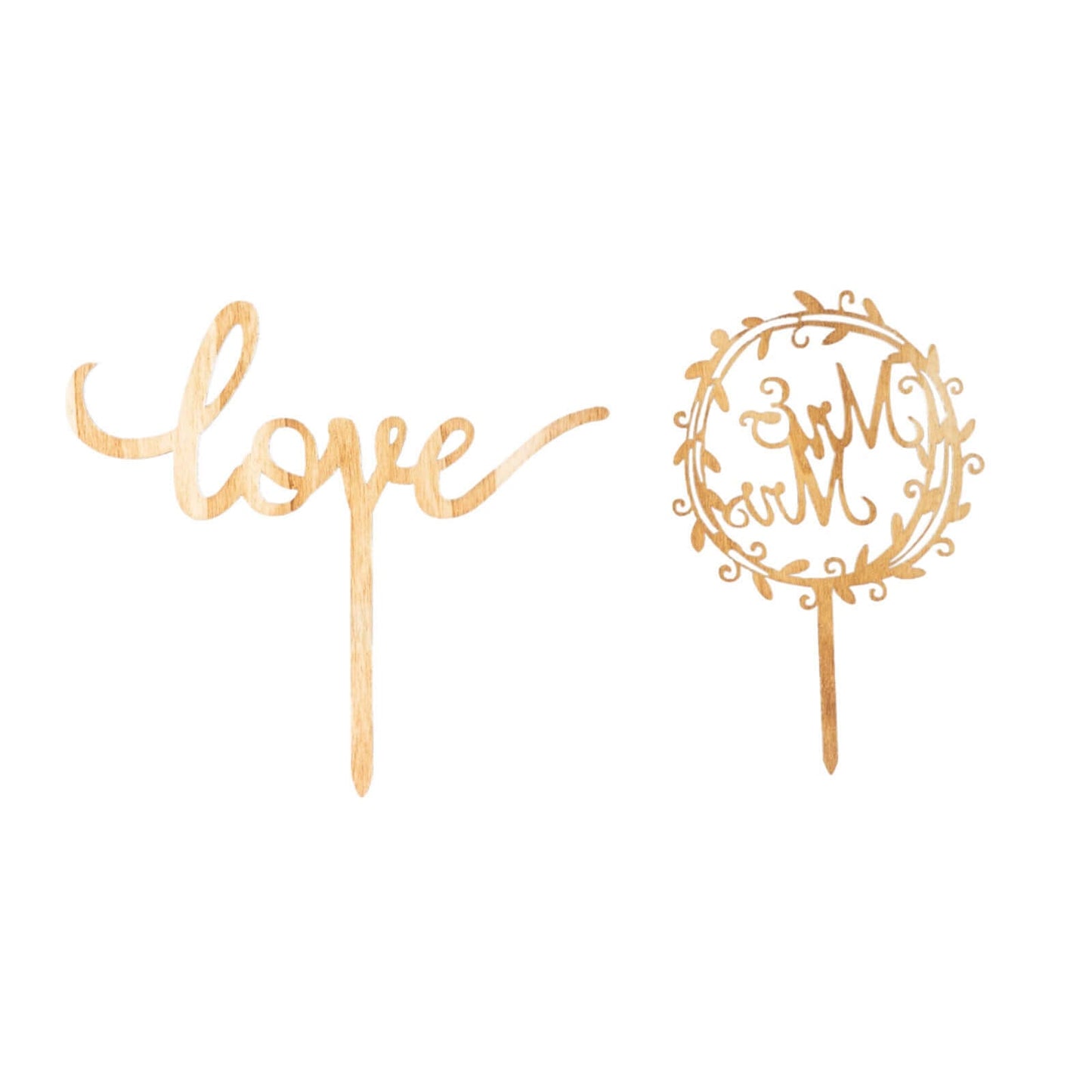 Set of 2 Wooden Cake Toppers Mr & Mrs and Love Design Natural - Rustic Wedding Cupcake Decorations