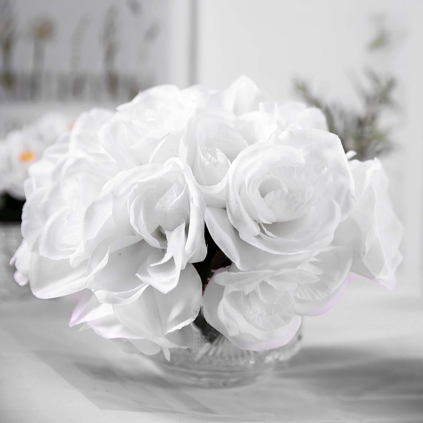 12" White Artificial Velvet-Like Fabric Rose Flower Bouquet Bush