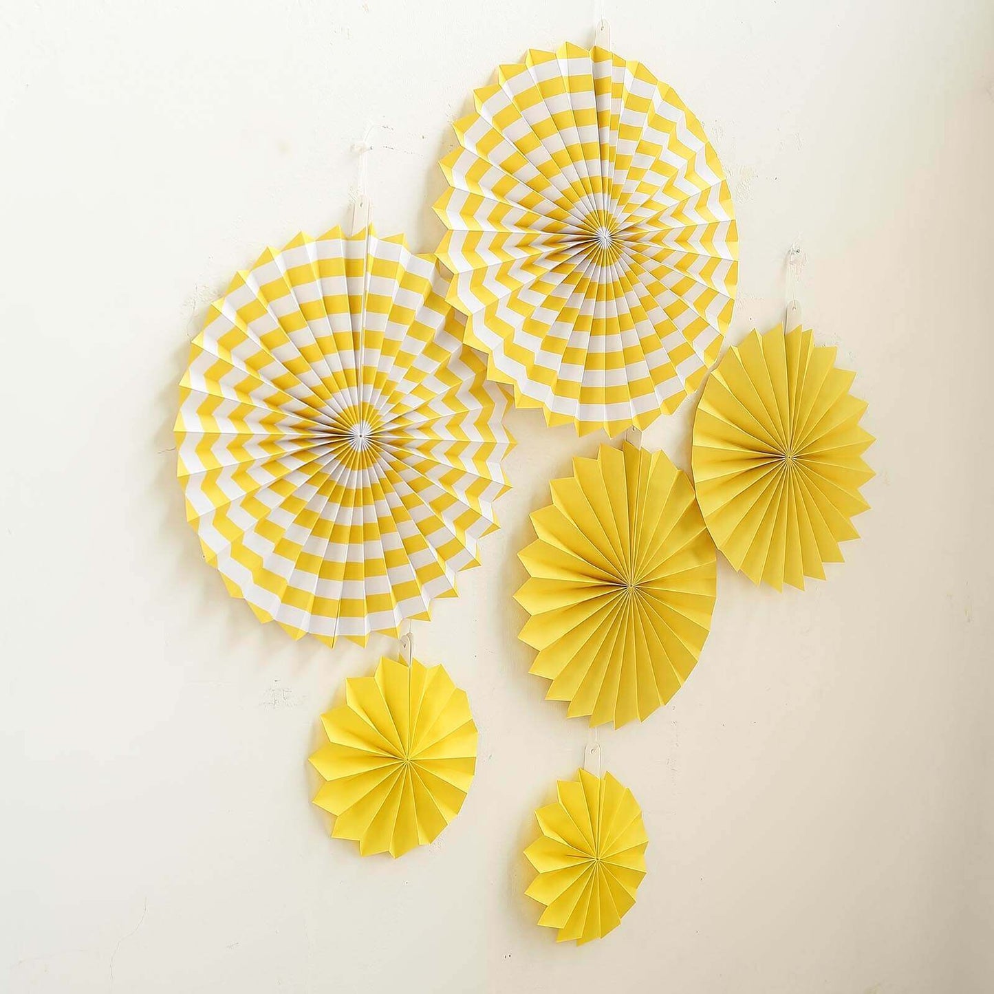 Set of 6 Yellow Hanging Paper Fan Decorations, Pinwheel Wall Backdrop Party Kit - 8", 12", 16"