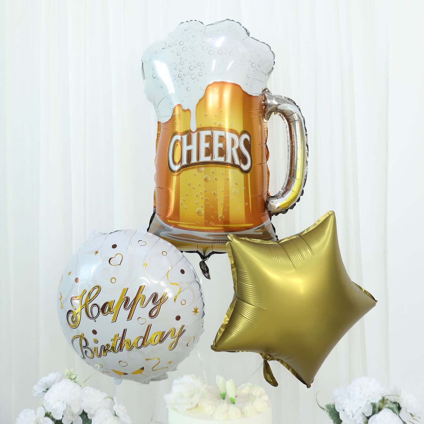 Set of 5 White Gold Round Happy Birthday Mylar Foil Helium Balloon Set, Cheers Beer Mug, Star Balloon Bouquet With Ribbon Birthday Party Decorations