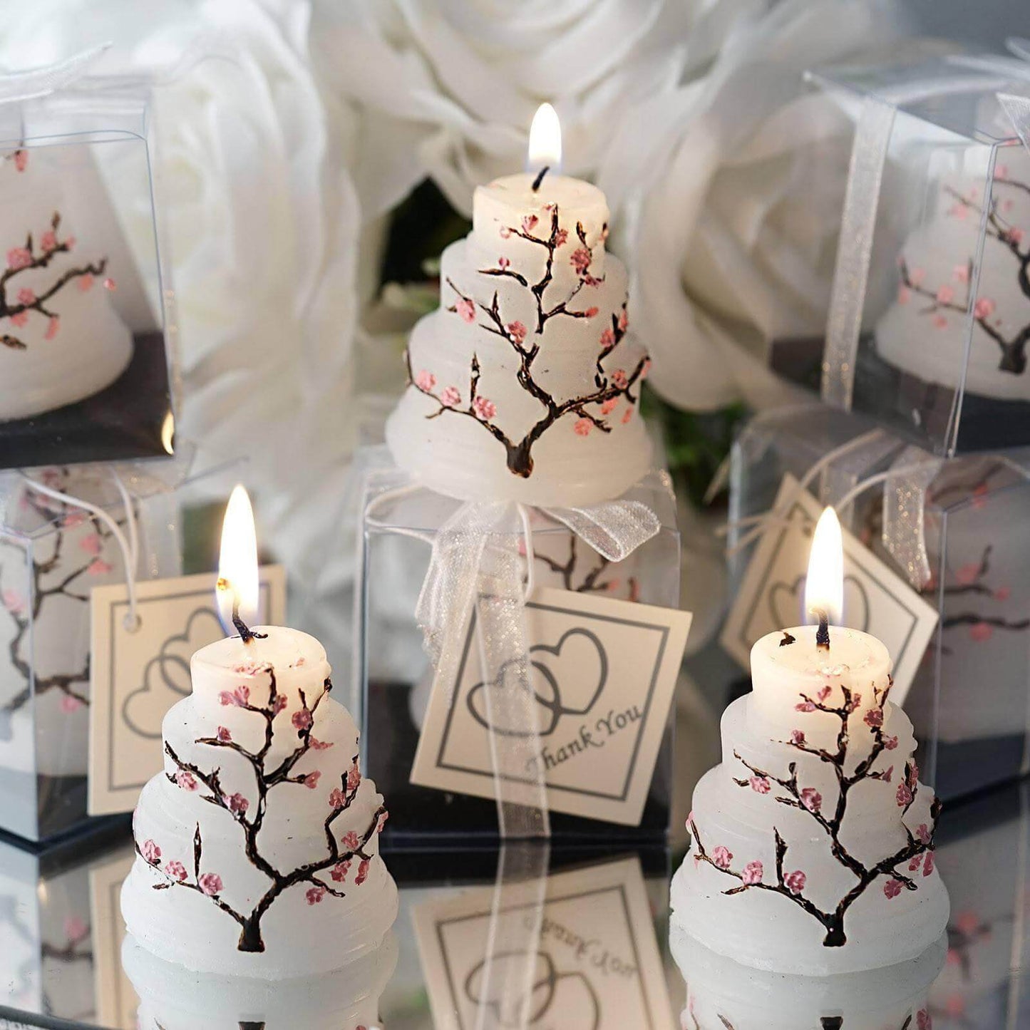 Wedding Cake Candle Cherry Blossom Design Gift Wrapped with Thank You Tag - Chic Party Favors for Special Occasions 2"