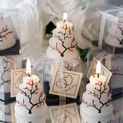 Wedding Cake Candle Cherry Blossom Design Gift Wrapped with Thank You Tag - Chic Party Favors for Special Occasions 2"