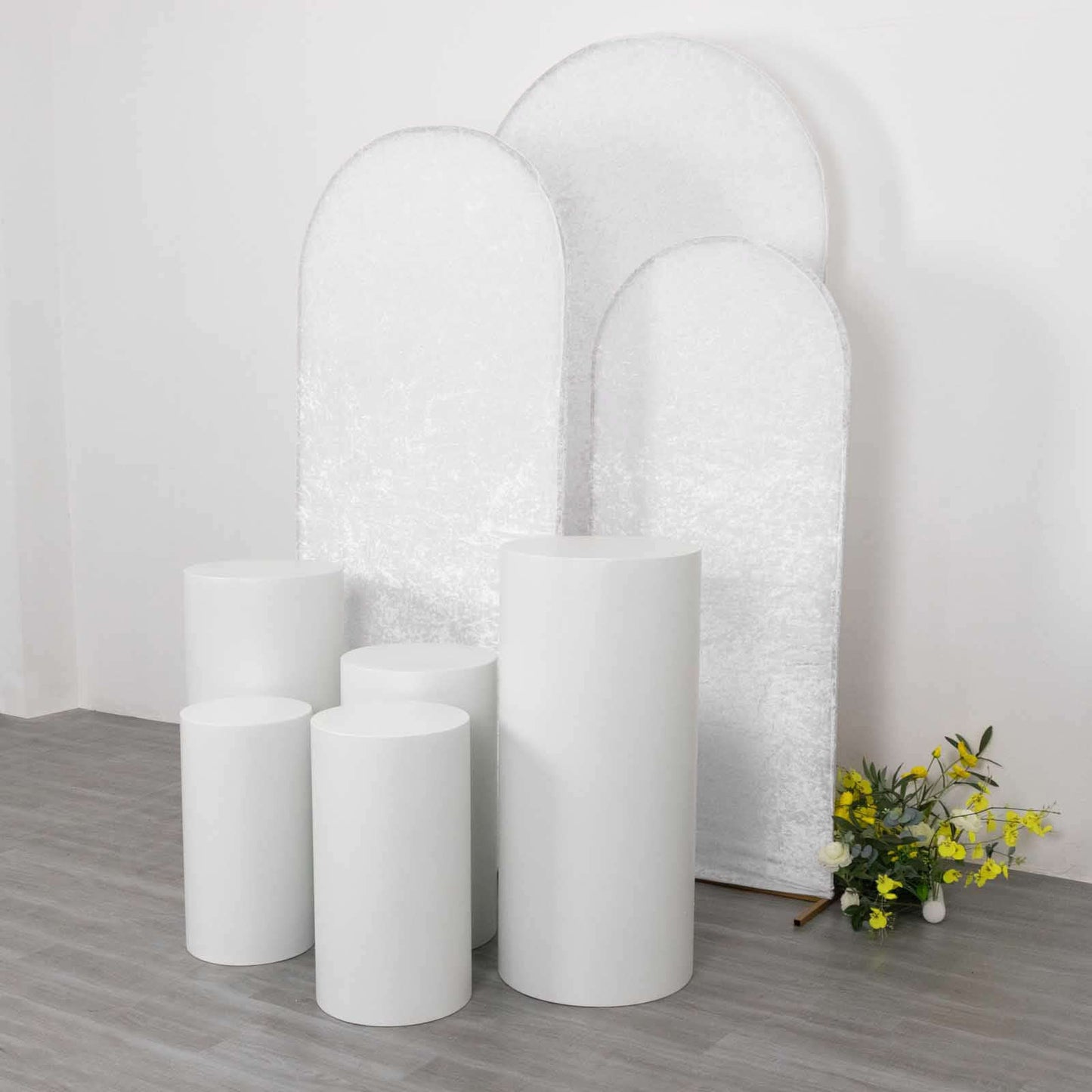 Set of 3 White Crushed Velvet Chiara Backdrop Stand Covers For Round Top Wedding Arches - 5ft, 6ft, 7ft