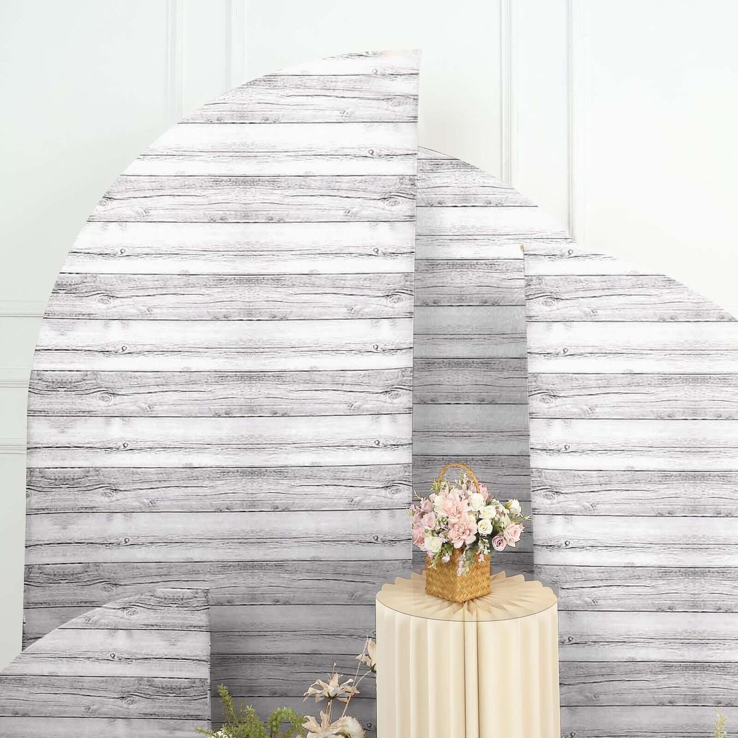 Set of 4 Whitewash Rustic Wood Print Spandex Chiara Wedding Arch Covers, Fitted Covers For Half Moon Backdrop Stands - 2.5ft, 5ft, 6ft, 7ft