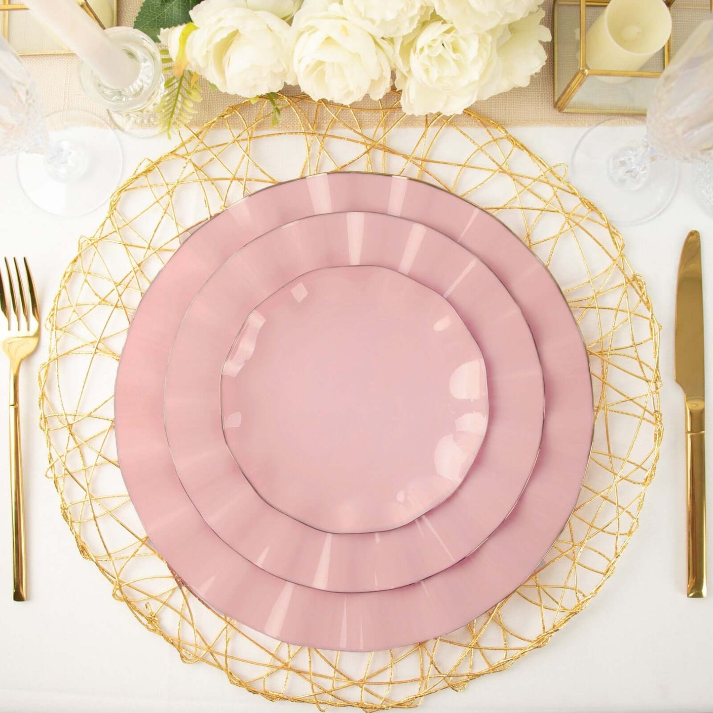 10-Pack Plastic 11" Round Dinner Plates in Dusty Rose Ruffled Rim with Gold Edging - Sturdy Disposable Dinnerware