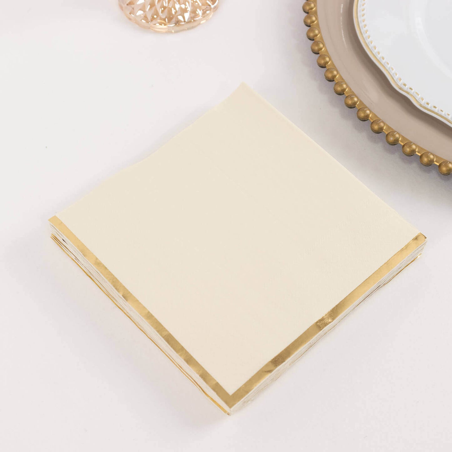 50-Pack Paper Beverage Napkins with Gold Foil Edge Ivory - Disposable 2 Ply Cocktail Napkins for Events 6.5"x6.5"
