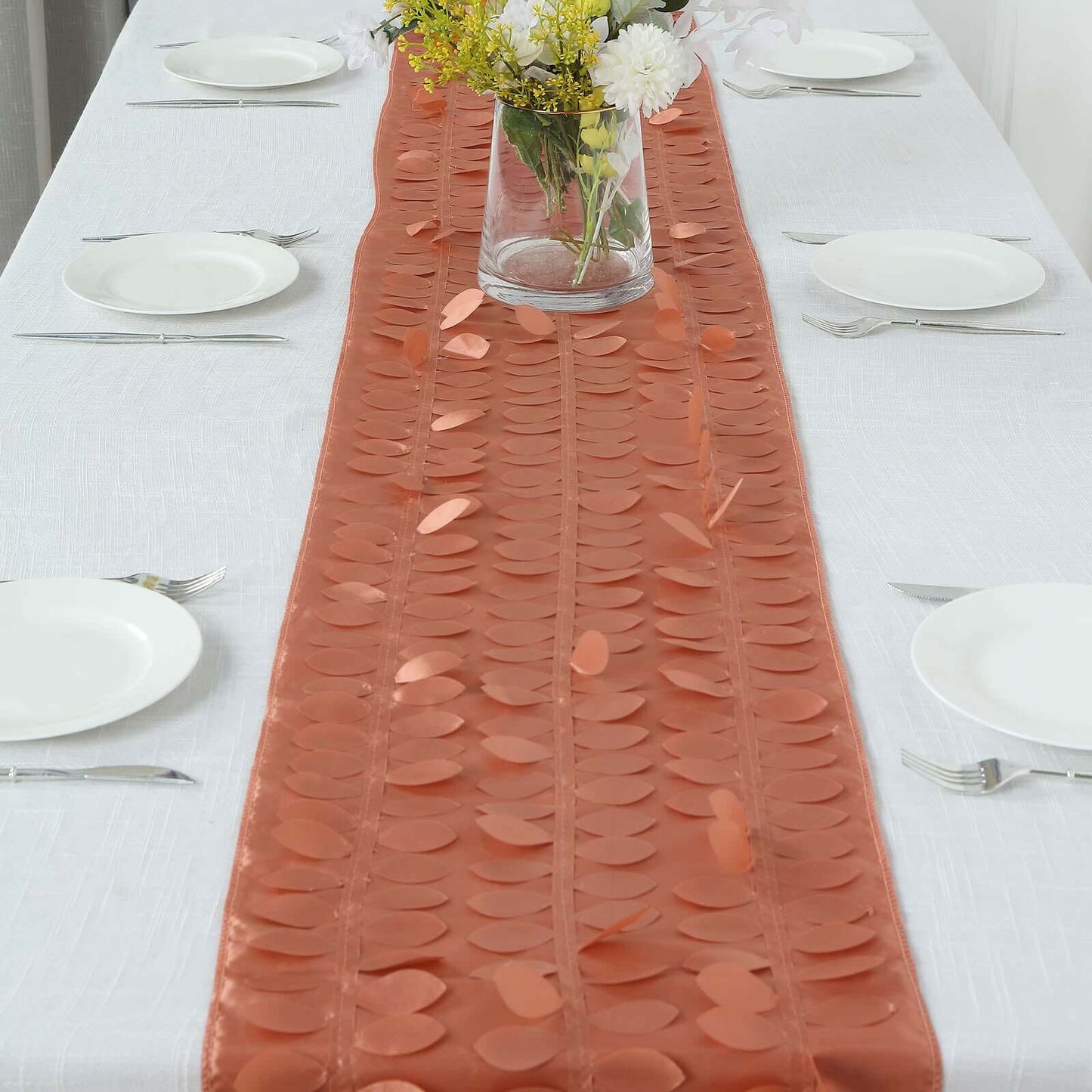 Taffeta Fabric 12"x108" Table Runner Terracotta (Rust) - 3D Leaf Petal Design
