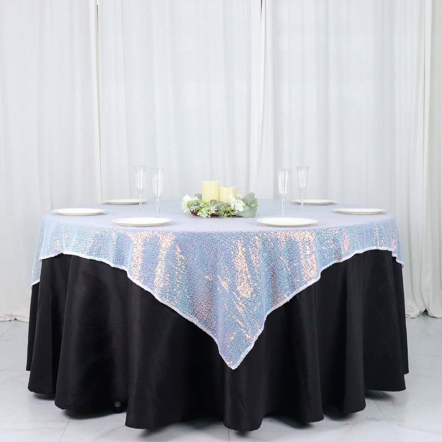 Sequin 60"x60" Table Overlay Square Tablecloth  Iridescent Blue - Luxe Wedding Table Topper