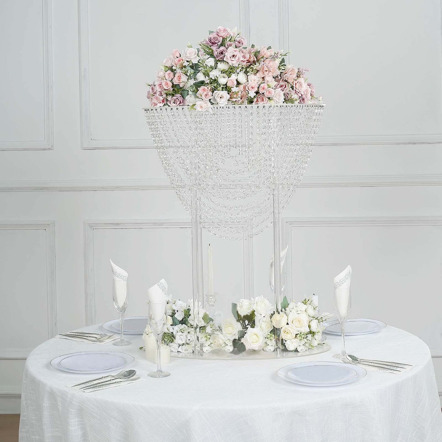 Acrylic Wedding Bouquet Pillar Centerpiece Crystal Chandelier Design - Large Flower Arrangement Table Stand 32"