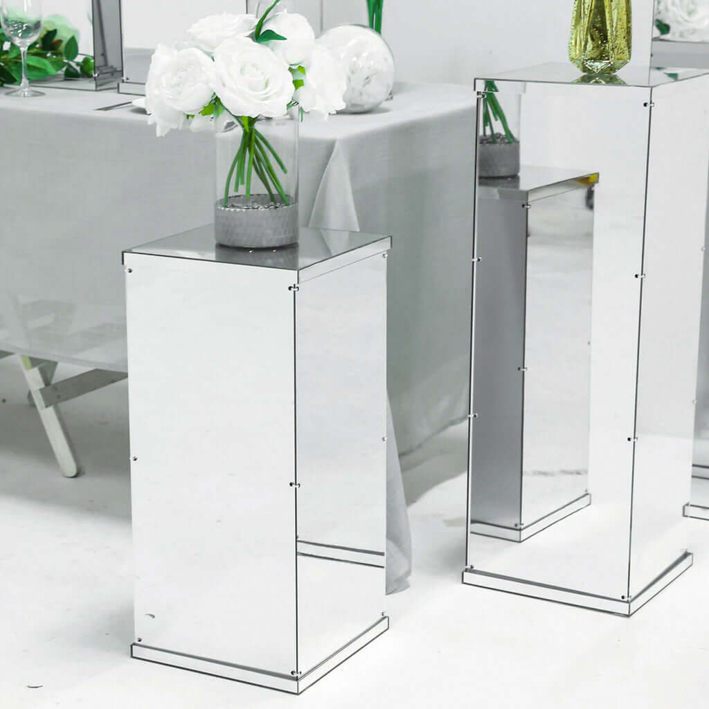 Set of 5 Silver Mirror Finish Acrylic Display Boxes, Pedestal Risers with Interchangeable Lid and Base - 12",16",24",32",40"