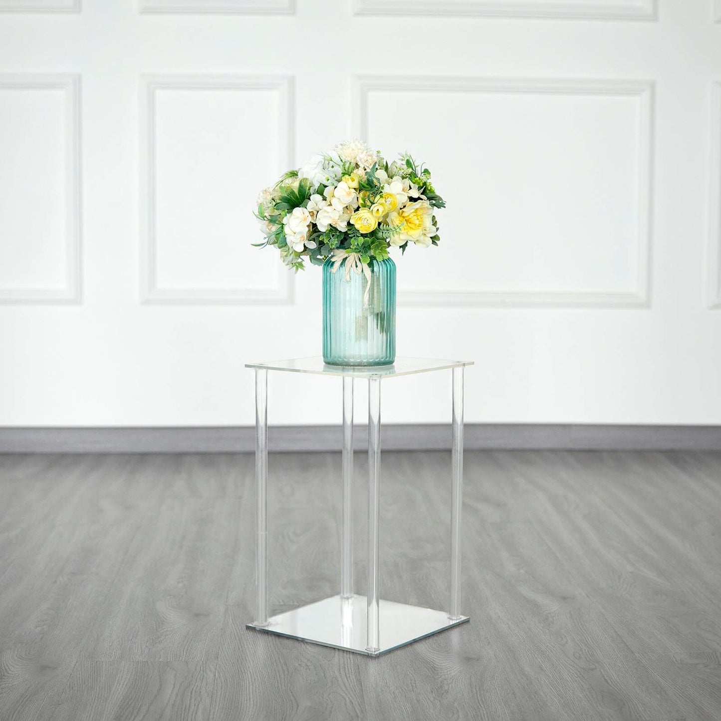 Acrylic Flower Vase Pillar Stand with Square Mirror Base Clear - Stylish Wedding Table Centerpiece 16"