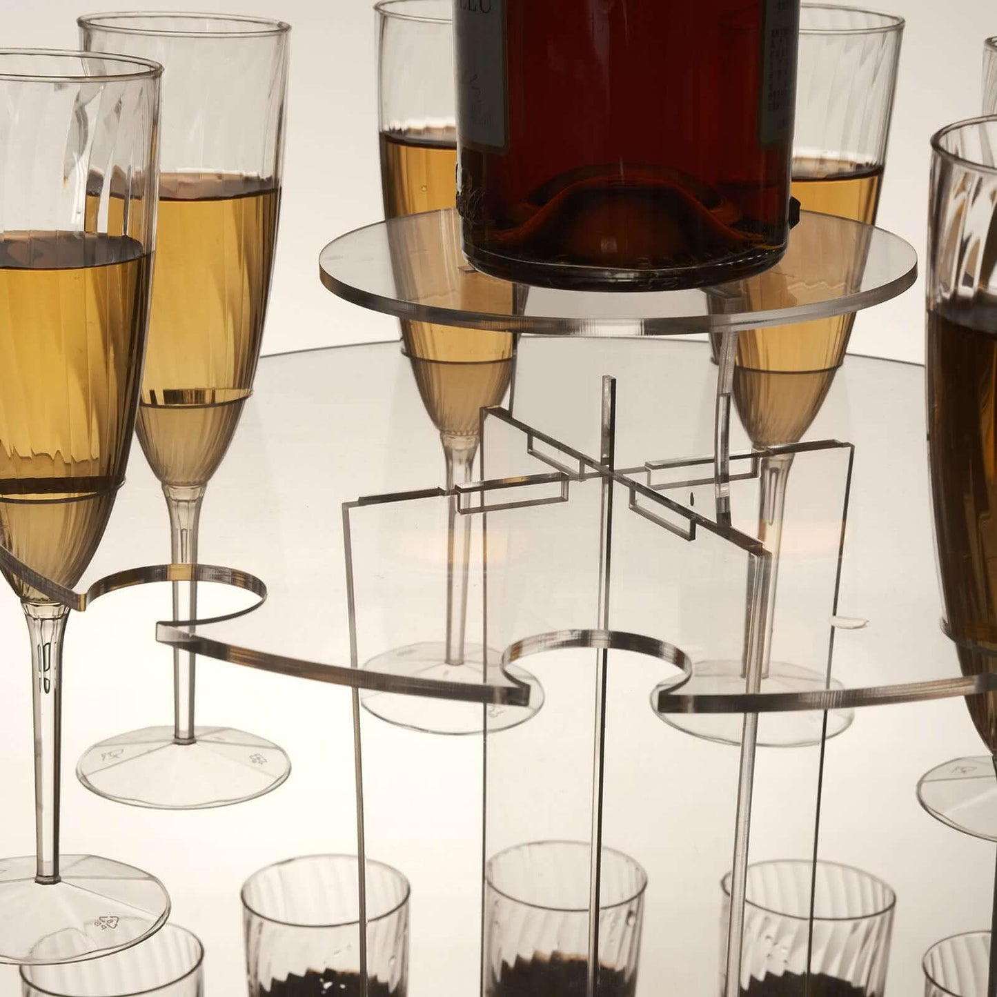 3-Tier Round Champagne Glass Holder Tower Clear Acrylic + 1 Bottle for Professional & Home Use 21"