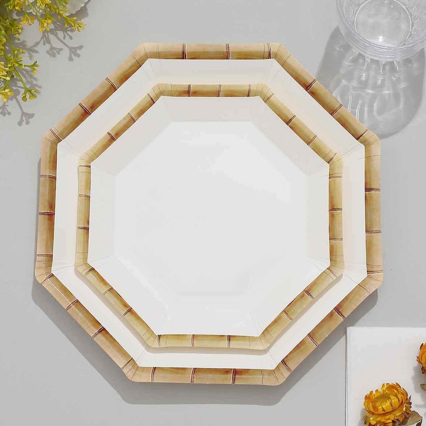 25-Pack Paper Octagonal Dessert Plates 7" White with Bamboo Print Rim - Disposable Geometric Appetizer Salad Plates for Garden Parties & Tropical Themed Events