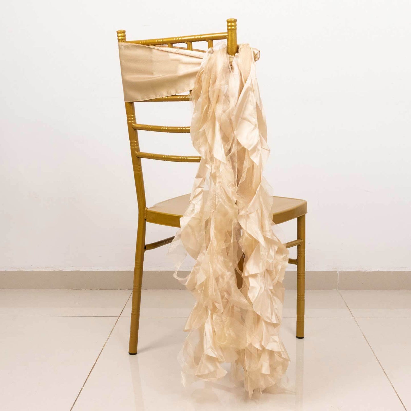5 Pack Chiffon Satin Chair Sashes Beige - Easy to Install Ruffled Curly Willow