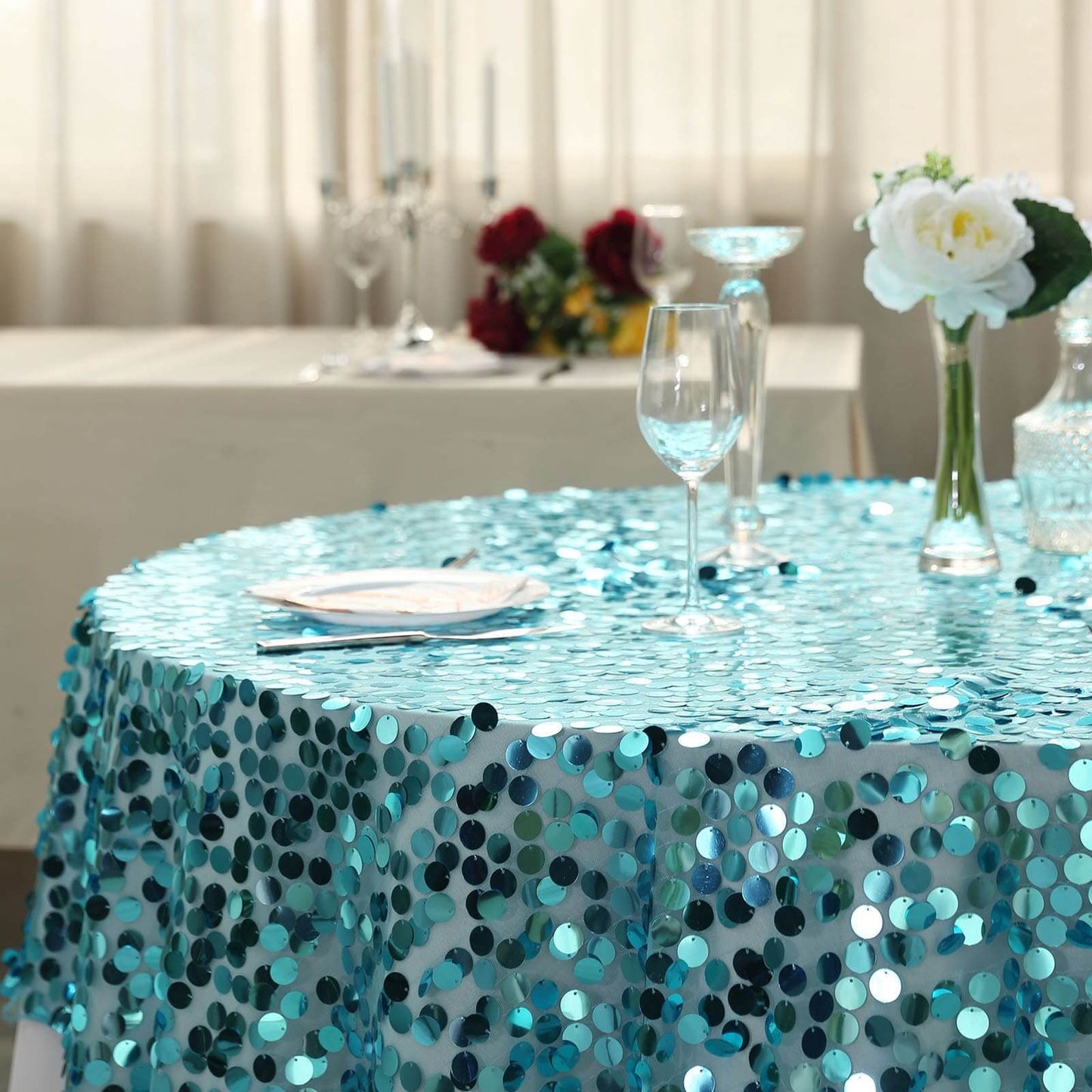 Sequin 72"x72" Table Overlay Square Tablecloth Turquoise - Big Payette Table Cover