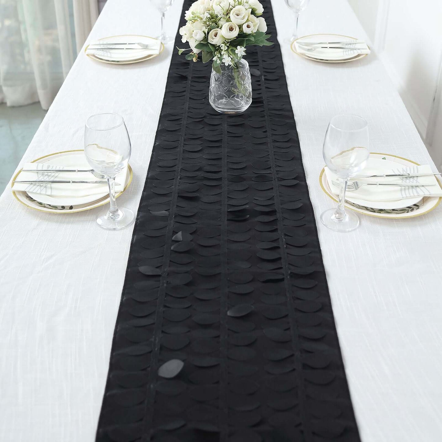 Taffeta Fabric 12"x108" Table Runner Black - 3D Leaf Petal Design