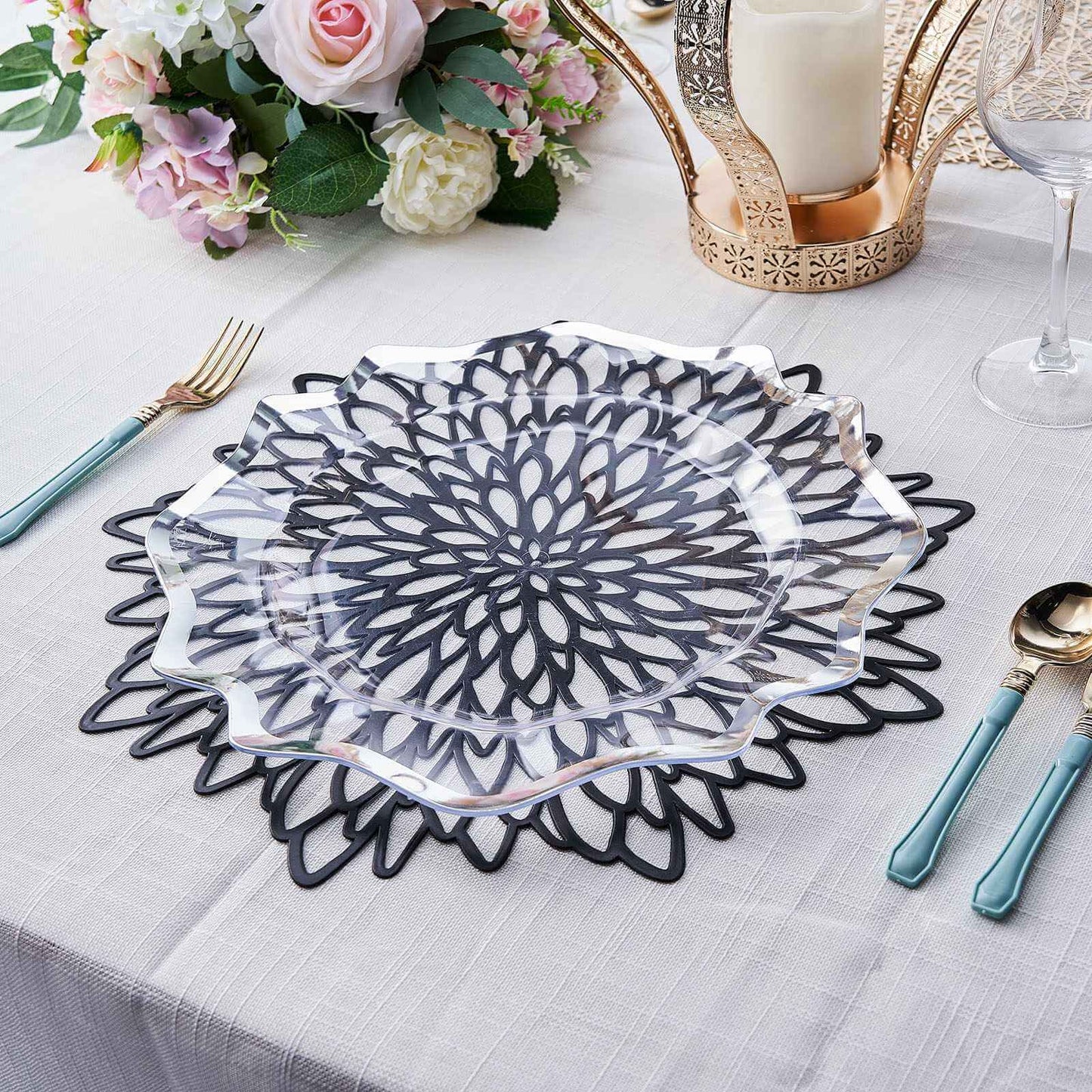 6-Pack Dining Table Mats Floral Design Black - Metallic Vinyl Round Non-Slip Mats for Tables 15"