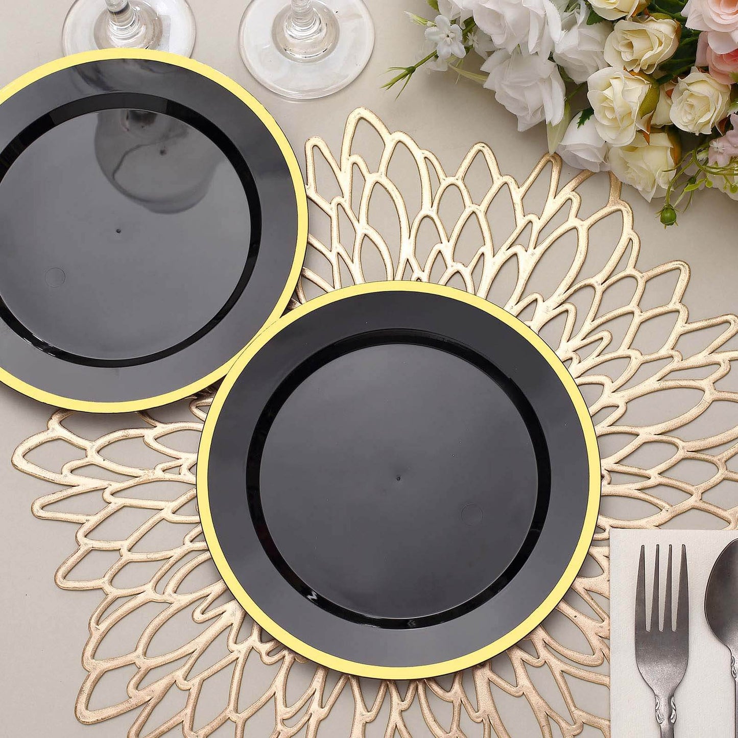 10-Pack Plastic 7" Round Appetizer Plates in Black with Gold Rim - Sleek Disposable Salad Plates for Banquets & Special Occasions