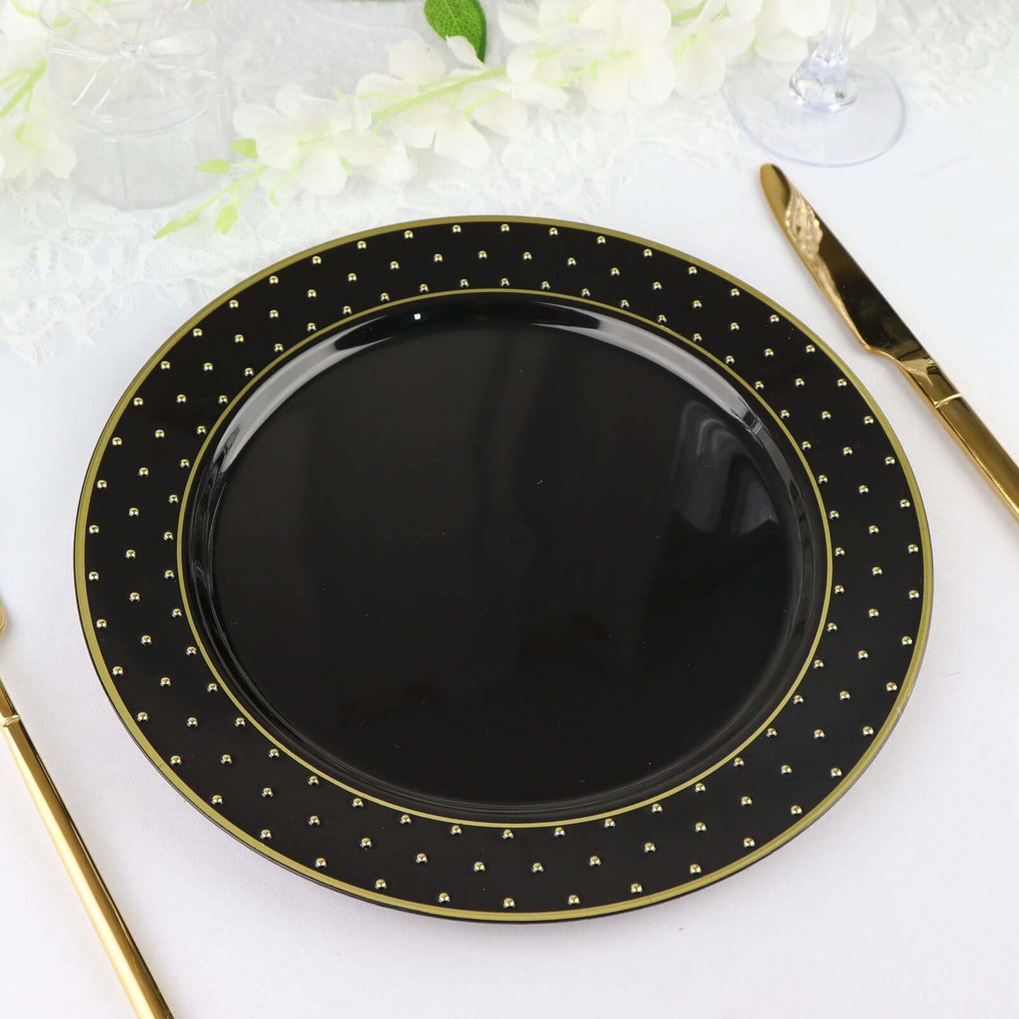 10-Pack Plastic 10" Round Dinner Plates in Black with Gold 3D Polka Dotted Rim - Sturdy Disposable Party Plates for Modern Themed Events & Banquets