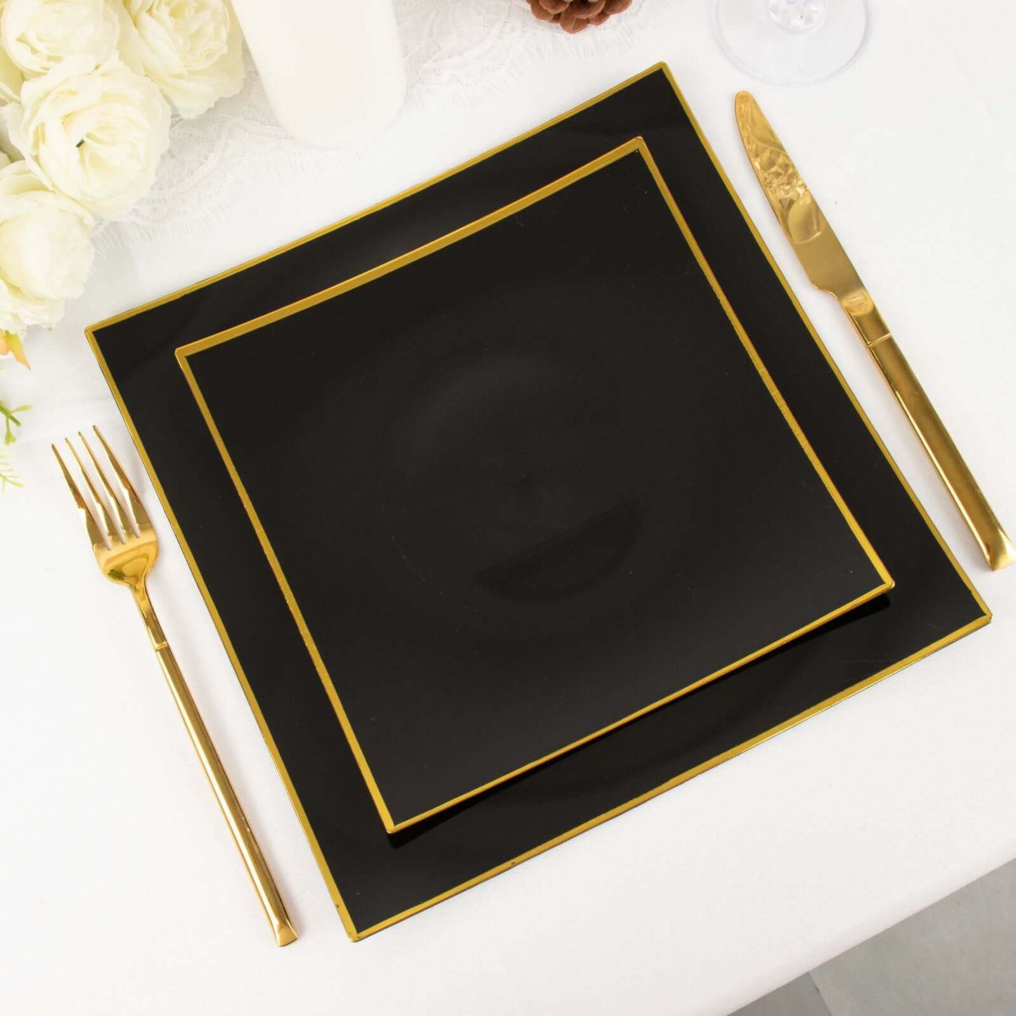 10-Pack Plastic 8" Square Dessert Plates in Black Concave Style with Gold Rim - Modern Disposable Salad Appetizer Party Plates