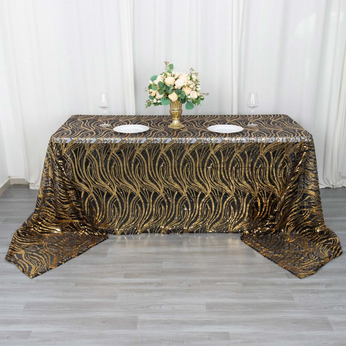 Mesh 90"x156" Rectangle Tablecloth Black/Gold - Wave Sequin Embroidered Table Cover