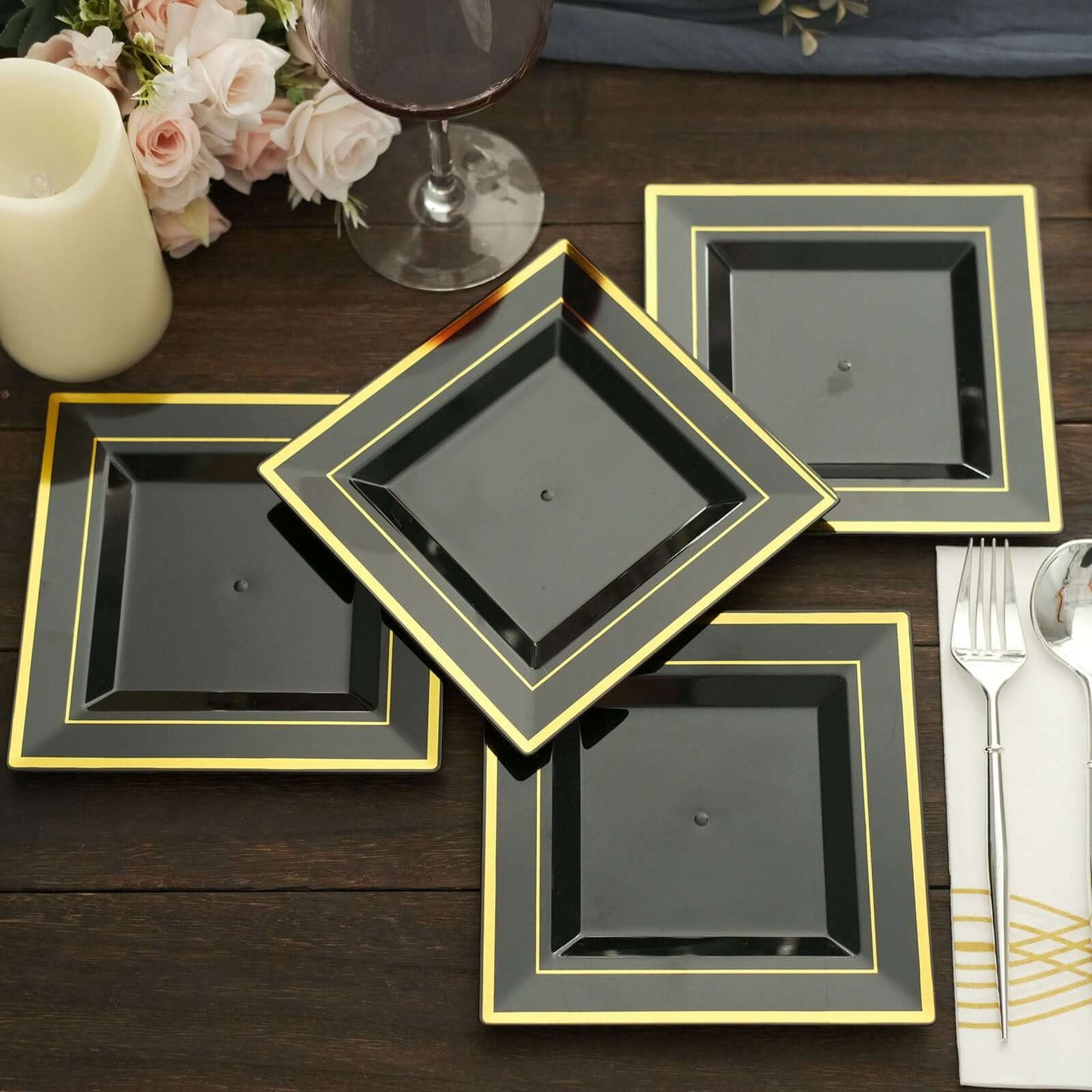 10-Pack Plastic Salad Dessert Plates Black Square with Gold Trim - Durable Disposable Appetizer Plates 7"