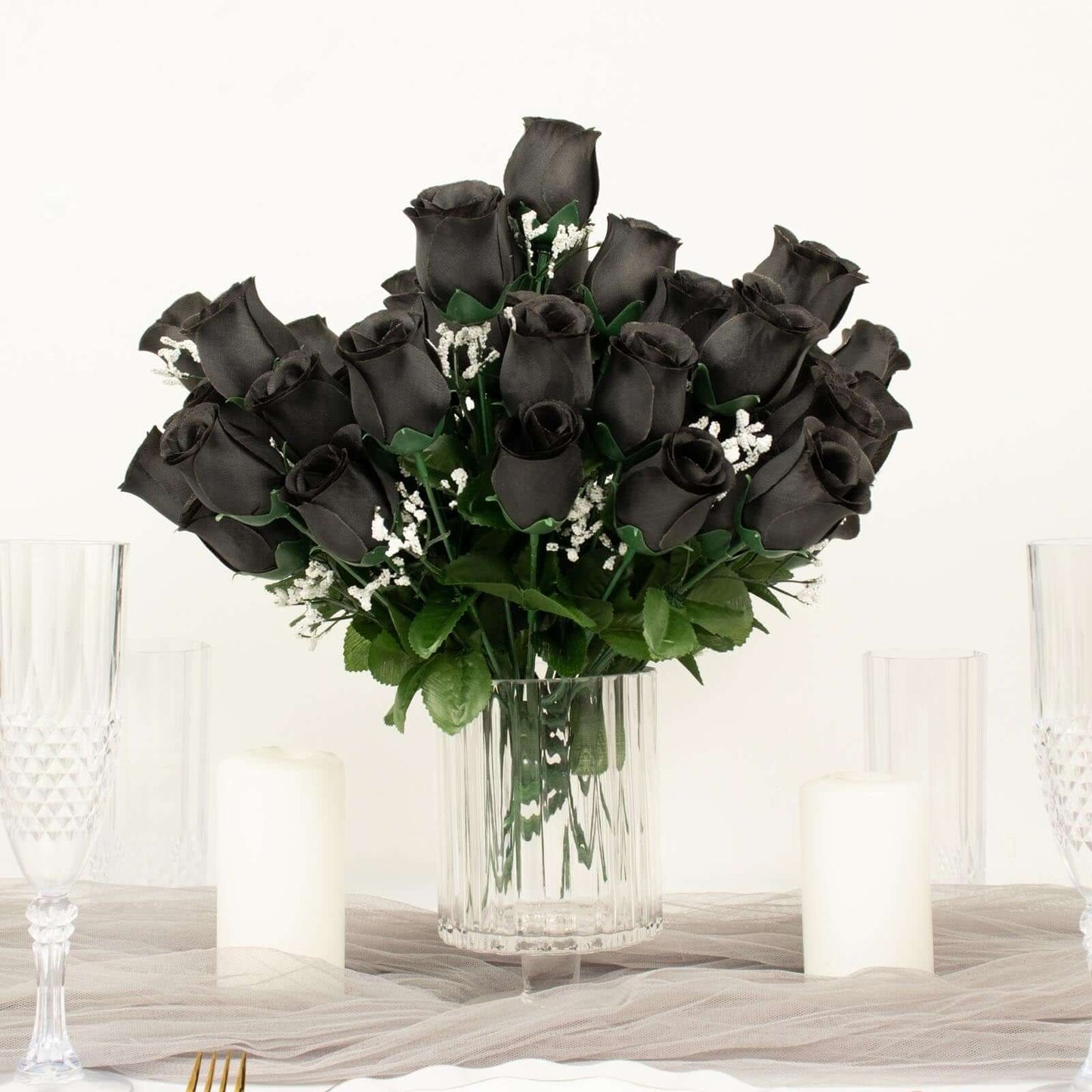 12 Bushes Black Artificial Premium Silk Flower Rose Bud Bouquets