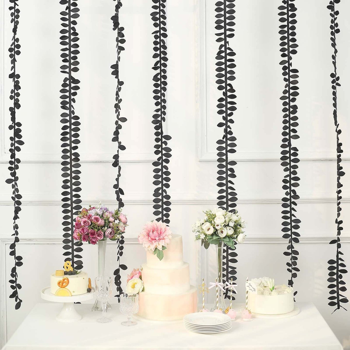 Taffeta Ribbon Sash with 4" Leaf Petal Design Black 50ft - Sophisticated Artificial Fabric Garland for Events
