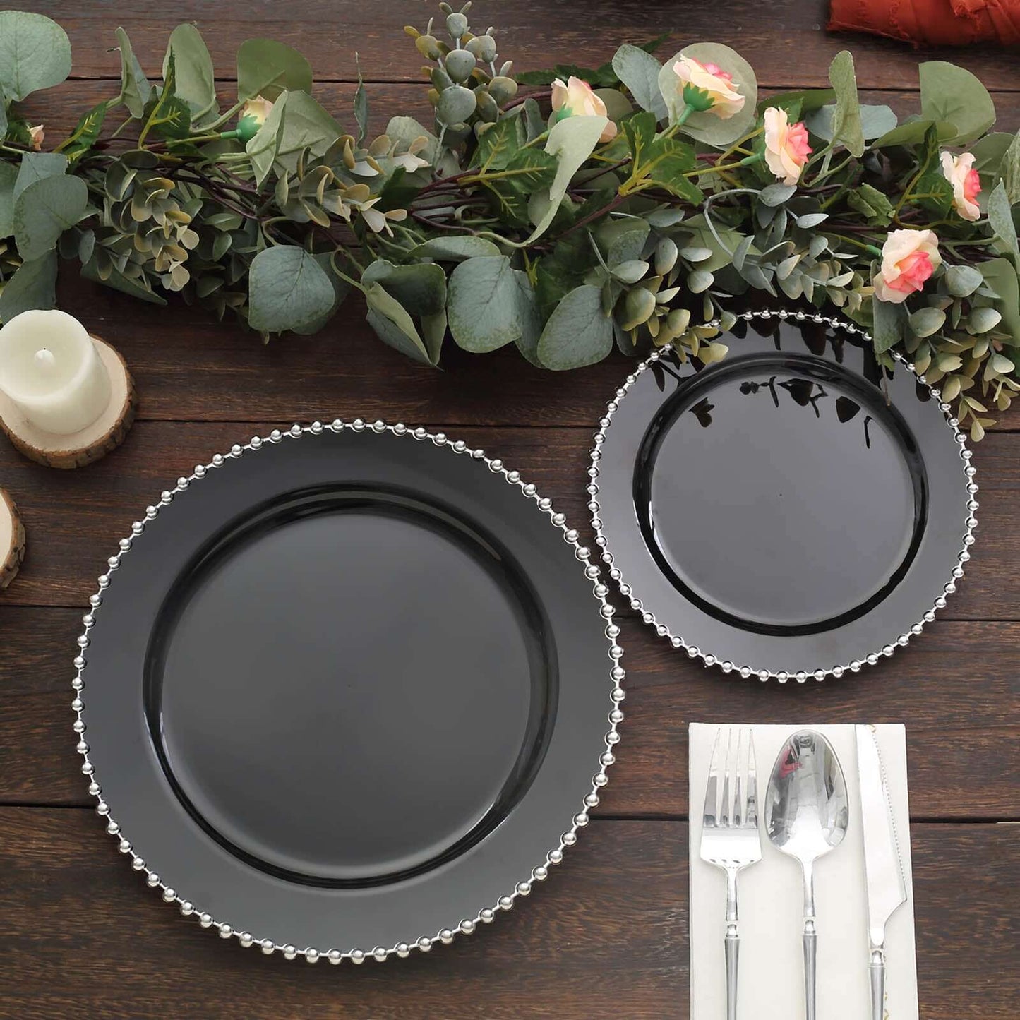 10-Pack Black Plastic Dessert Plates â€“ 8" Round with Silver Beaded Rim, Disposable for Parties & Events