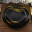 10-Pack Plastic 7" Round Dessert Plates in Black with Gold Brush Stroked Print - Disposable Appetizer Salad Plates for Modern Themed Events & Banquets
