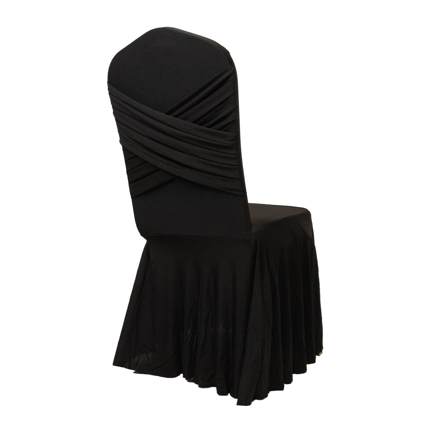 Black Spandex Banquet Chair Cover with Ruffle Skirt & Cross Back Sash â€“ Stretch Slipcover for Events