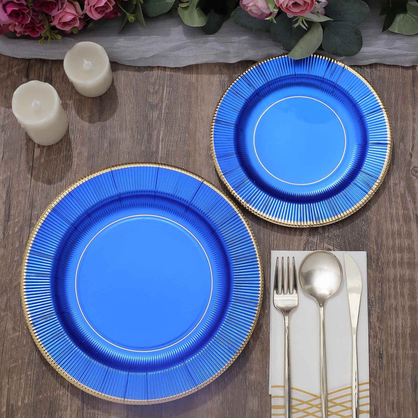 25-Pack Paper 8" Round Dessert Plates in Royal Blue Sunray Design with Gold Rim - Disposable Heavy Duty 350GSM Appetizer Salad Plates