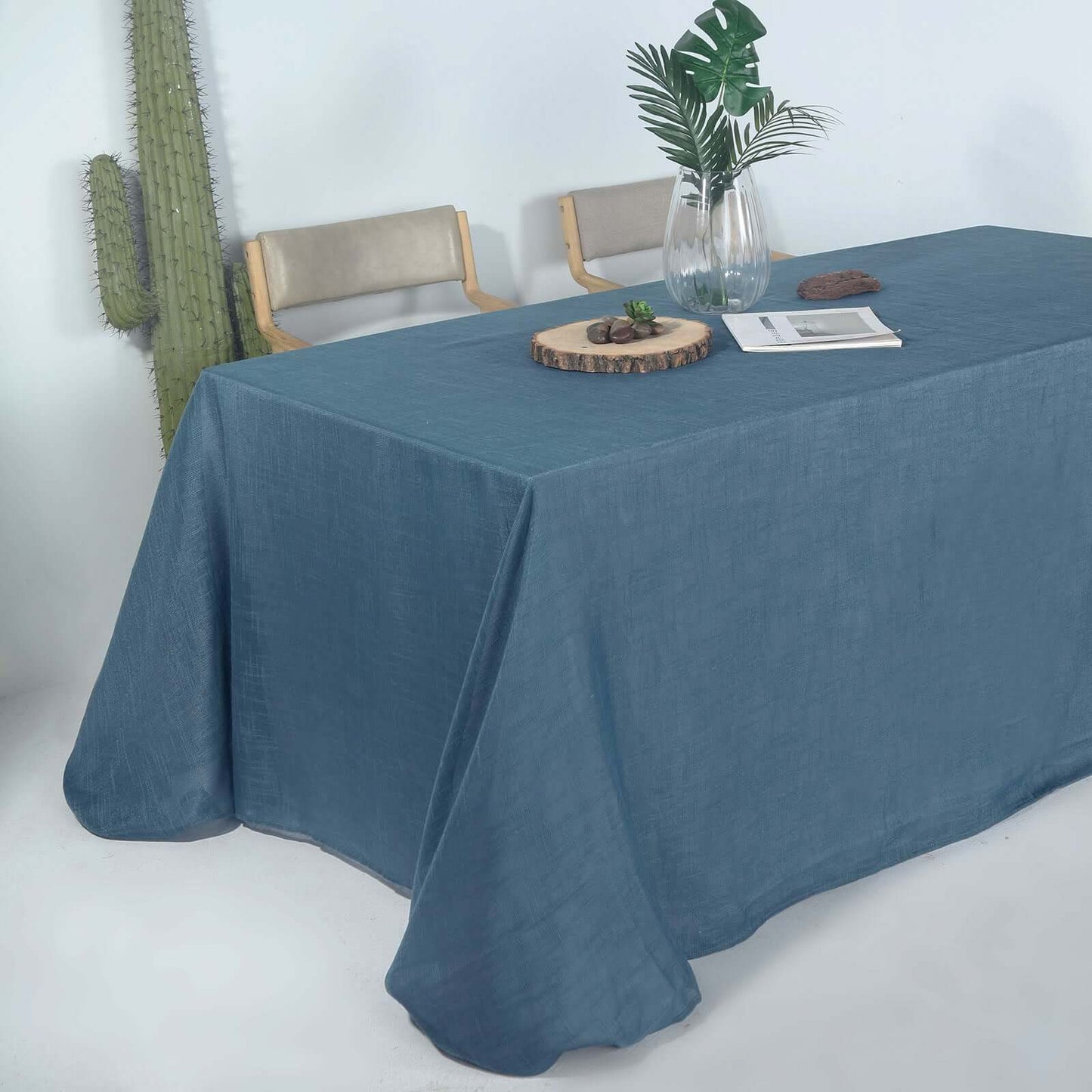 Faux Linen 90"x132" Rectangular Tablecloth Blue - Slubby Texture Wrinkle-Resistant Seamless Table Cover