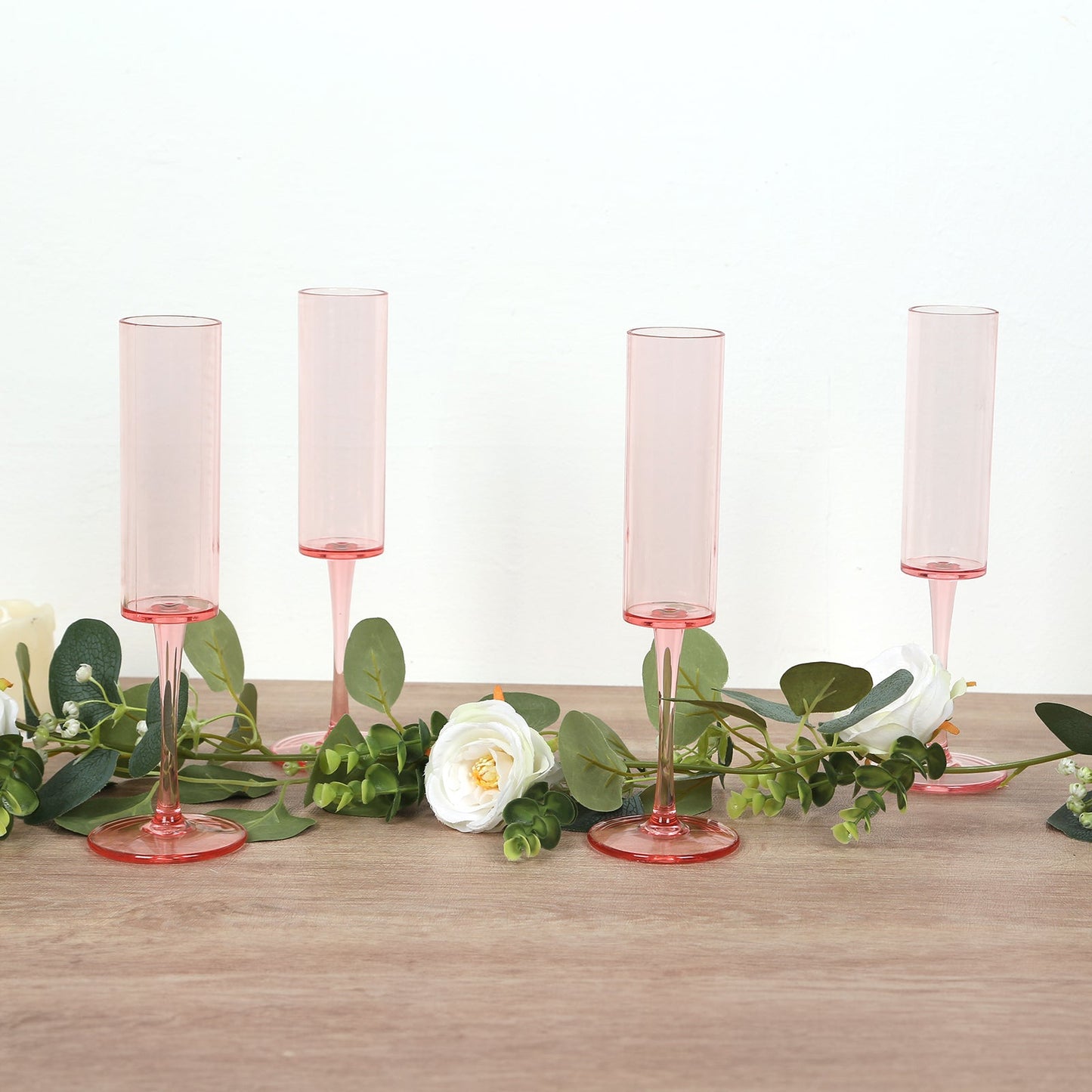 6-Pack Plastic Wine Mimosa Goblets Transparent Blush Cylindrical Shape - Reusable Champagne Flute Glasses 9.5" Tall 6oz