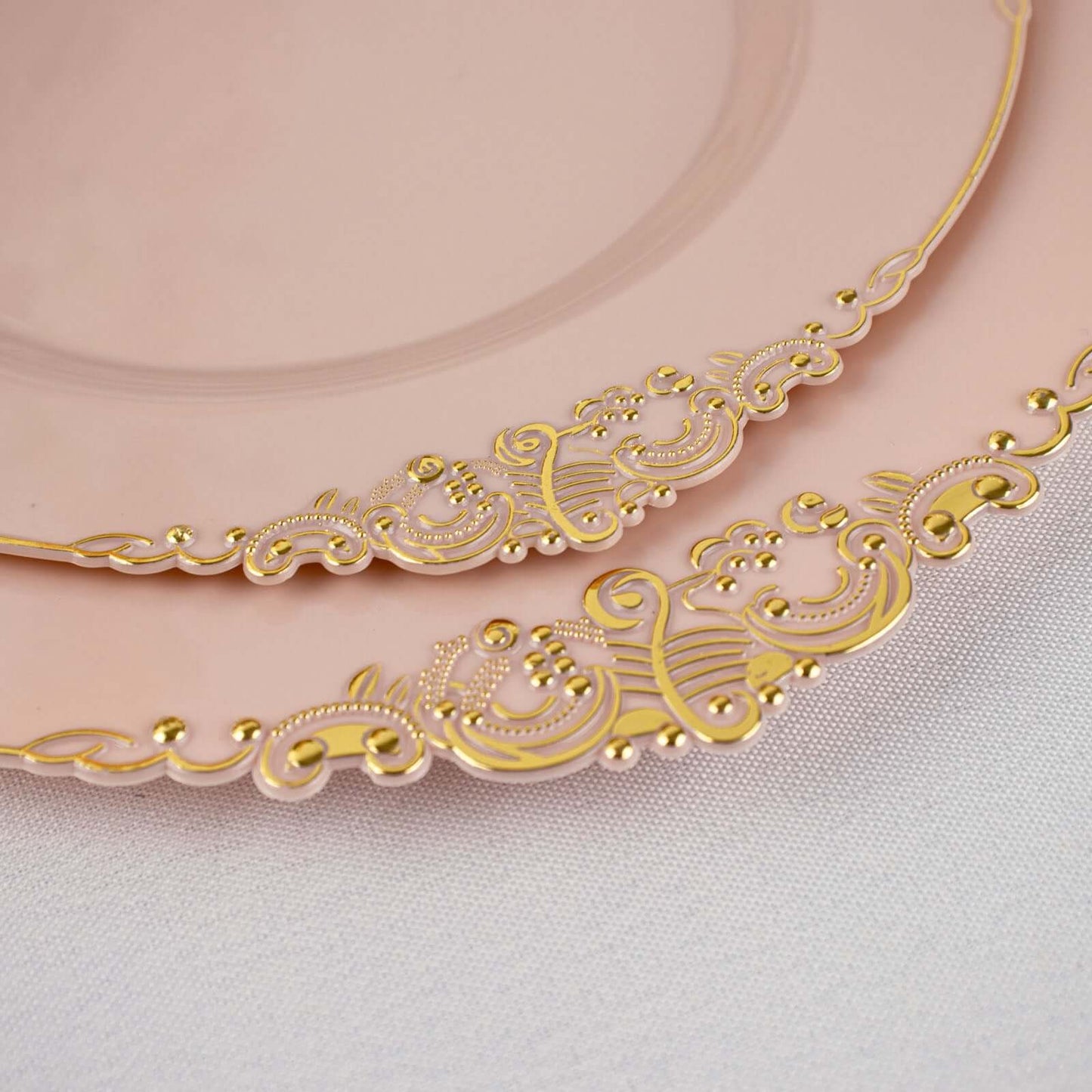 10-Pack Plastic 10" Round Dinner Plates in Blush with Gold Leaf Embossed Rim - Disposable Vintage Baroque Style Plates