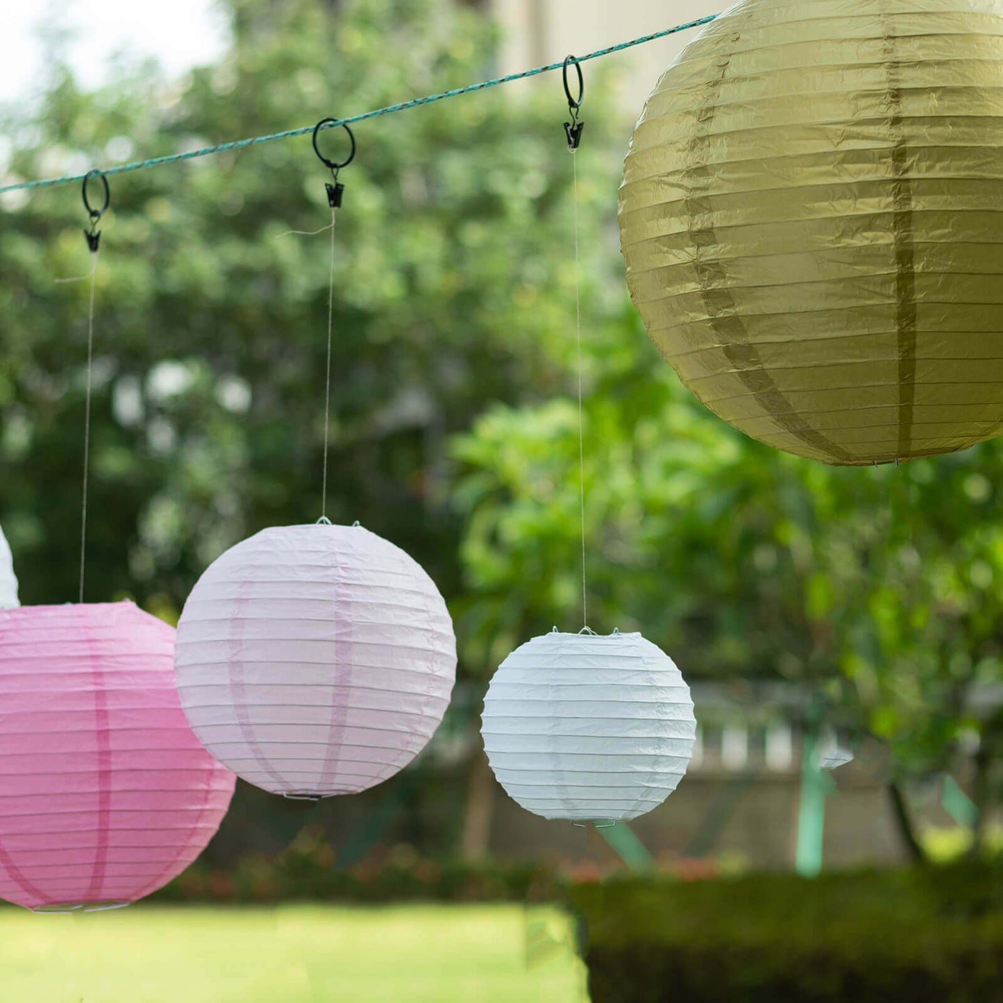 Set of 8 Mixed Blush Gold Hanging Paper Lanterns, Decorative Round Chinese Sky Lanterns, Assorted Sizes - 6",8",10",14"