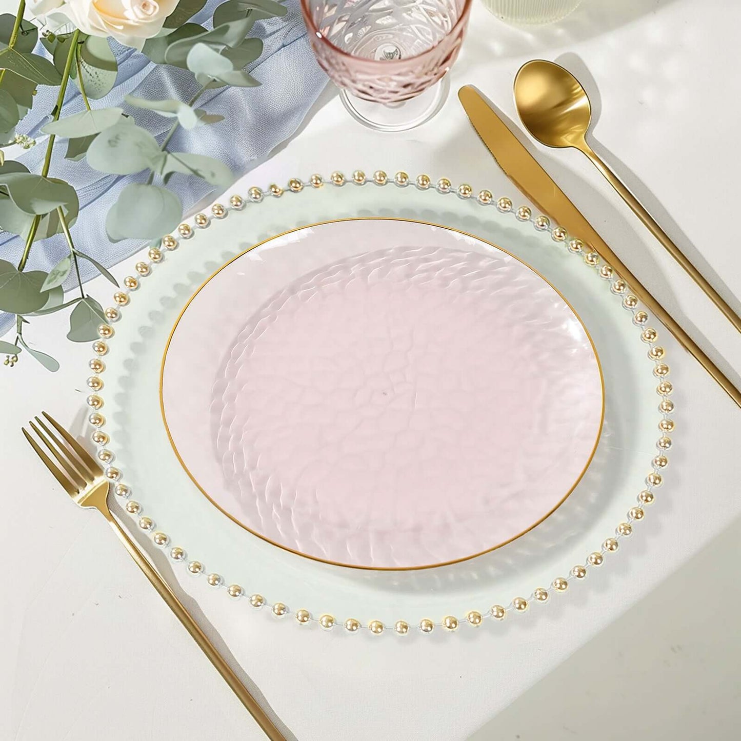 10-Pack Plastic 9" Round Dinner Plates in Transparent Blush Hammered Design with Gold Rim - Modern Disposable Party Plates