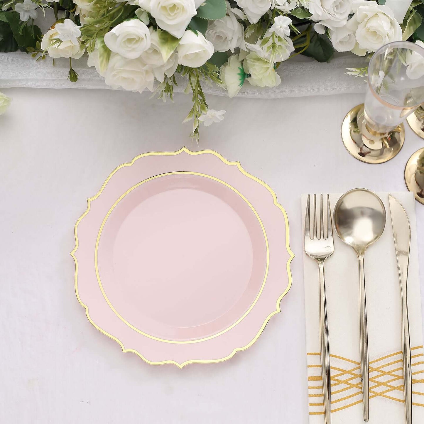 10-Pack Plastic 8" Round Dessert Plates in Blush with Gold Scalloped Rim - Disposable Appetizer/Salad Plates