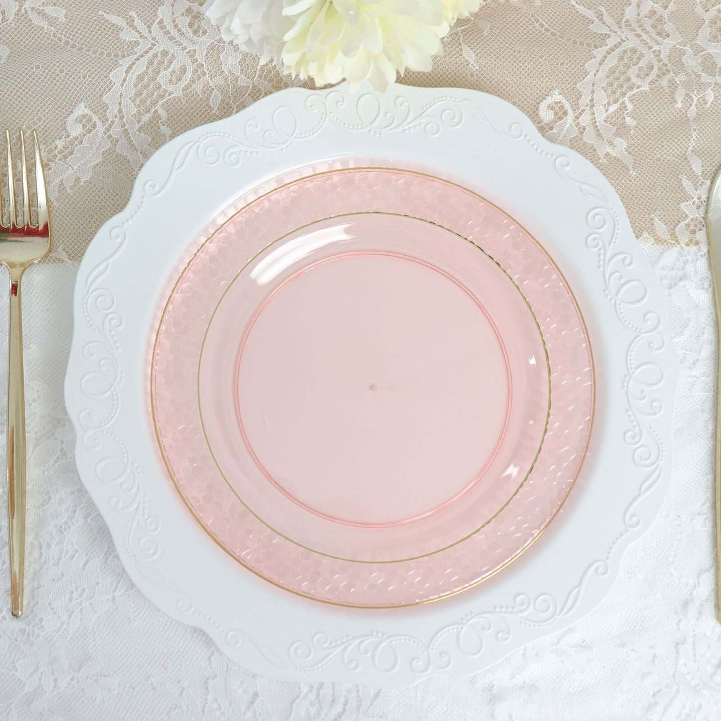 10-Pack Plastic 7.5" Round Appetizer Plates in Blush Hammered Design with Gold Rim - Disposable Salad Plates for Chic Banquets & Special Occasions