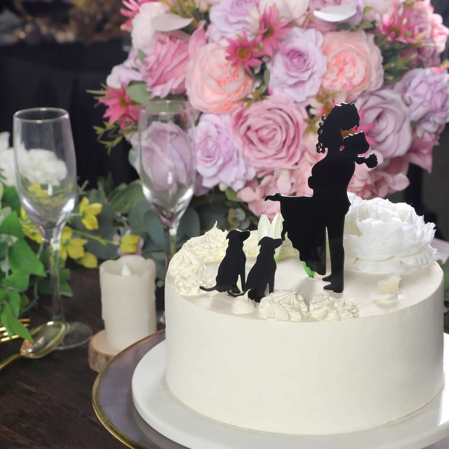 Acrylic Cake Toppers Black Silhouette Design of Bride, Groom, and Pet Dogs - Wedding Cake Decoration Set 7"