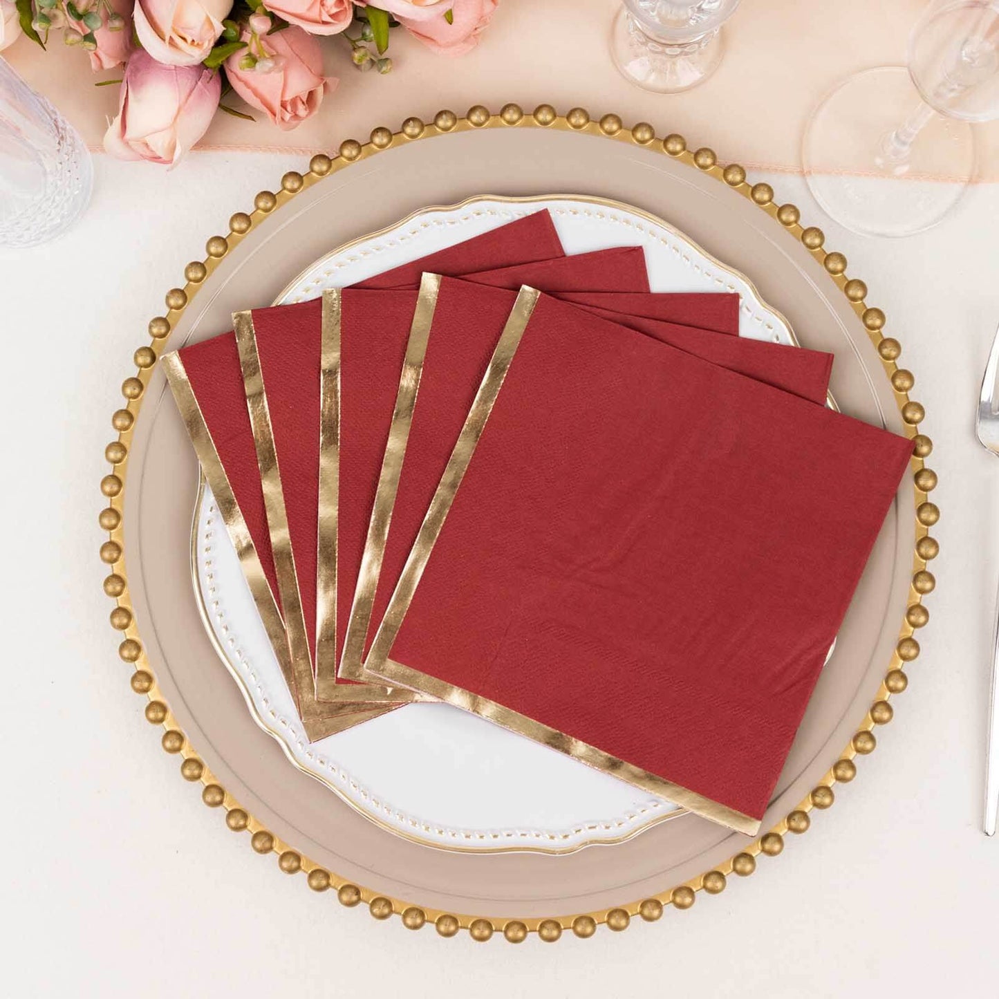 50-Pack Paper Beverage Napkins with Gold Foil Edge Burgundy - Disposable 2 Ply Cocktail Napkins for Events 6.5"x6.5"