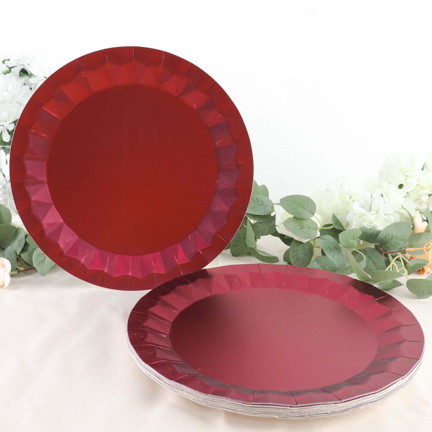25-Pack Paper 12" Round Charger Plates in Burgundy with Geometric Prism Design - Disposable 400GSM Serving Trays