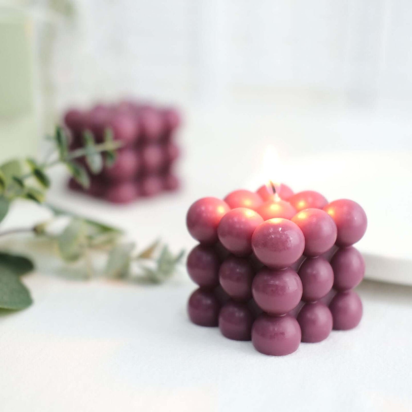 2-Pack Decorative Paraffin Wax Candles Bubble Cube Design Burgundy - Unscented Long Burning Pillar Candle Set 2"