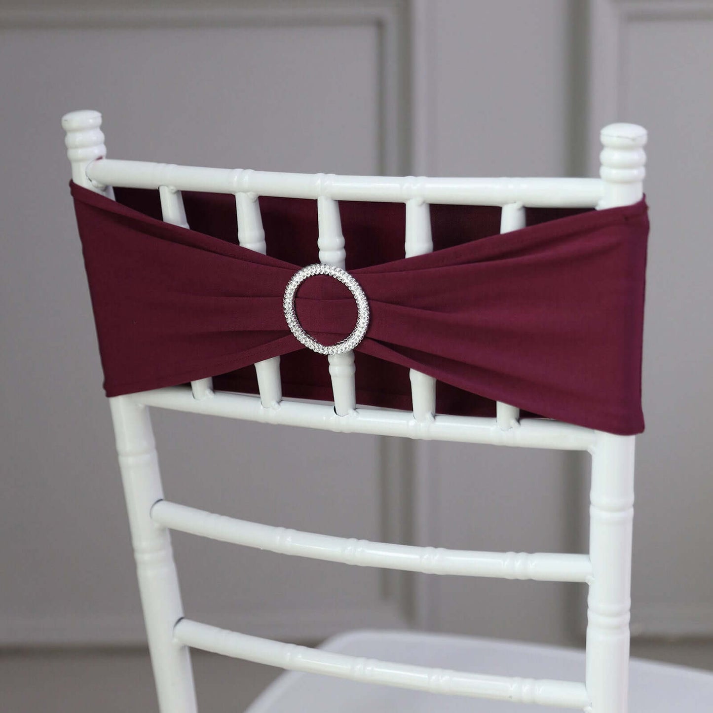 5 Pack Stretch Spandex Chair Sashes Burgundy - Reusable Chair Bands with Silver Diamond Ring Slide Buckle 5"x14"