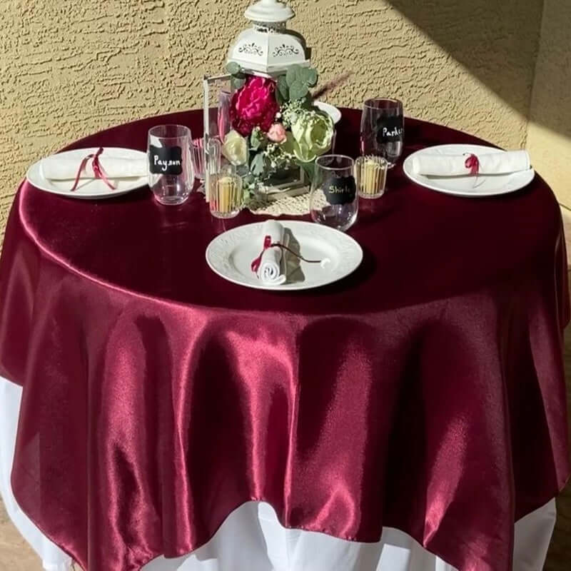 Satin 60"x60" Table Overlay Square Tablecloth Burgundy - Smooth Silky Touch Table Cover