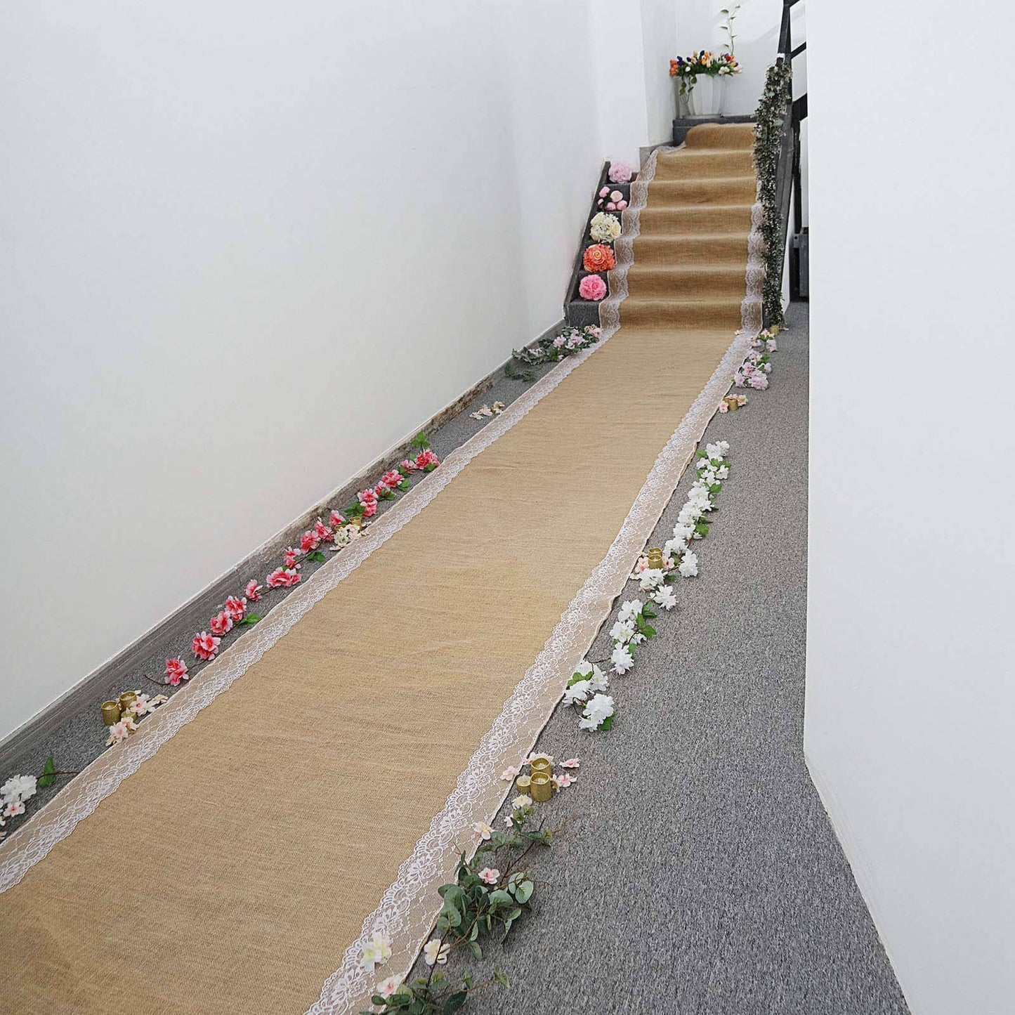 30ft Natural Jute Burlap Aisle Runner with White Floral Lace Borders